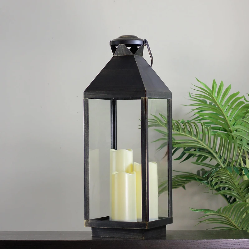 24" Gold Brushed Black Candle Lantern with 3 Flameless LED Candles