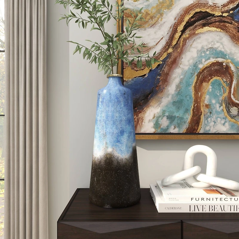 20" Blue Glass Galaxy Inspired Abstract Vase with Gold Top