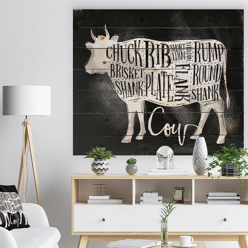 Designart - Beef cutting scheme chalk - Farmhouse Animal Painting Print on Natural Pine Wood