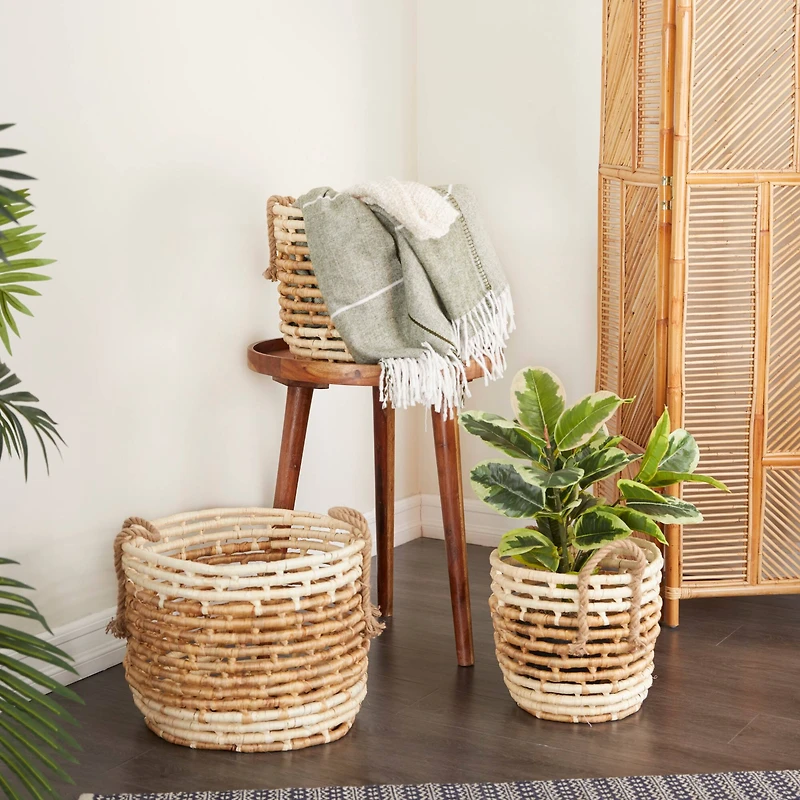 Round Beige Contemporary Sea Grass Storage Basket Set