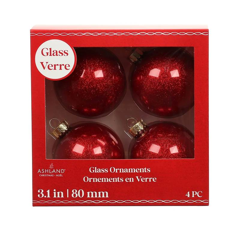 4 Pack 3" Red Glitter Glass Ball Ornaments by Ashland®