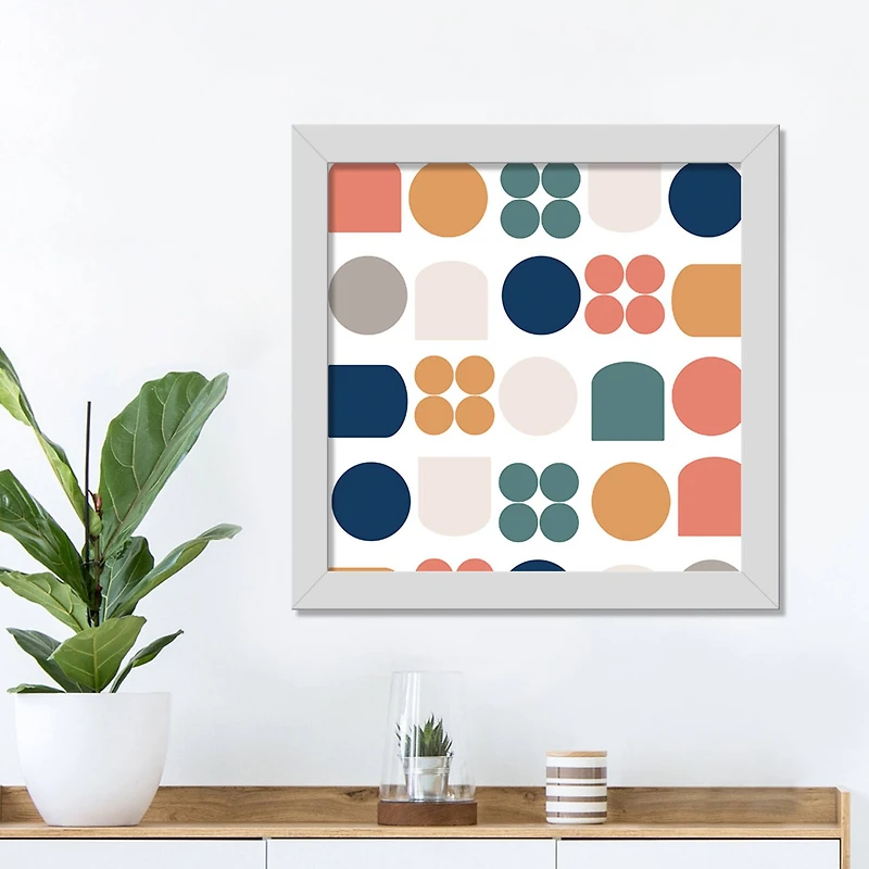 16" Retro Shapes White Framed Print Under Plexiglass