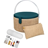 SINGER® Large Burlap Fabric Premium Round Sewing Basket with Travel Sewing Kit