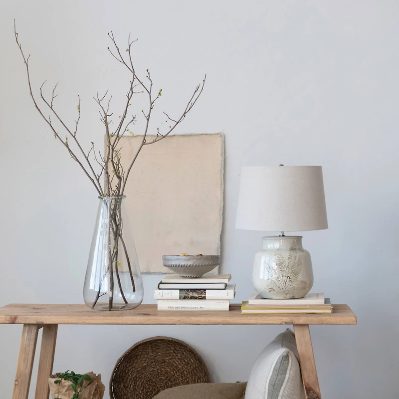 Hello Honey® 22" Cream and Green Reactive Crackle Glaze Debossed Botanical Stoneware Table Lamp with Linen Shade Set