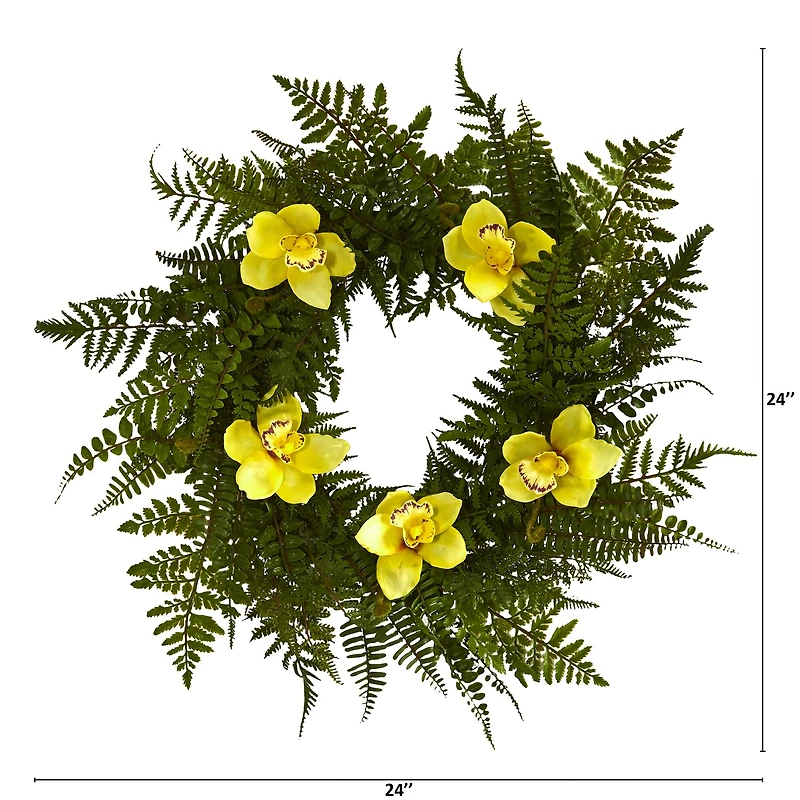 24in. Mixed Fern and Cymbidium Orchid Artificial Wreath