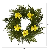24in. Mixed Fern and Cymbidium Orchid Artificial Wreath