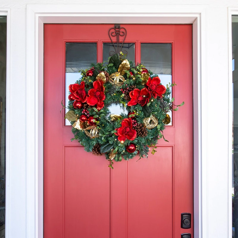 Village Lighting 30" Pre-Lit Red Magnolia Christmas Wreath, Clear LED Lights