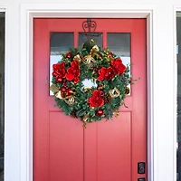 Village Lighting 30" Pre-Lit Red Magnolia Christmas Wreath, Clear LED Lights