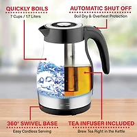 Brentwood 1.79qt. Black Cordless Glass Electric Kettle with Tea Infuser and Swivel Base