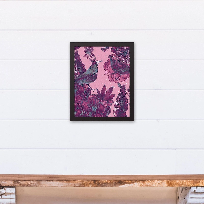 Pink Bird Scene 11" x 14" Black Framed Canvas