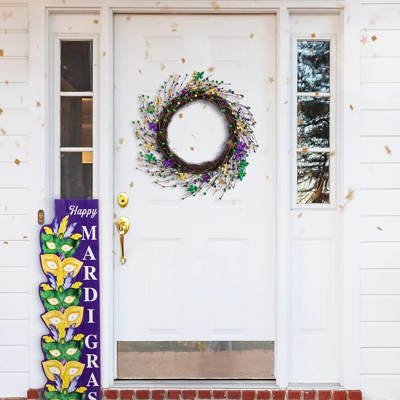 Glitzhome® 20" Mardi Gras Berry & Fleur-de-Lis Wreath