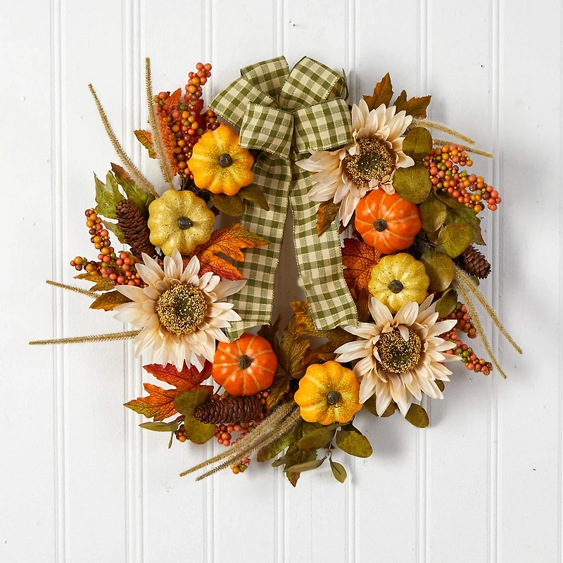 24" Pumpkin, Sunflower Artificial Autumn Wreath With Decorative Ribbon