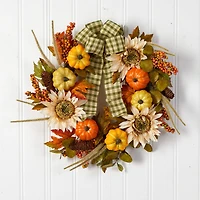 24" Pumpkin, Sunflower Artificial Autumn Wreath With Decorative Ribbon