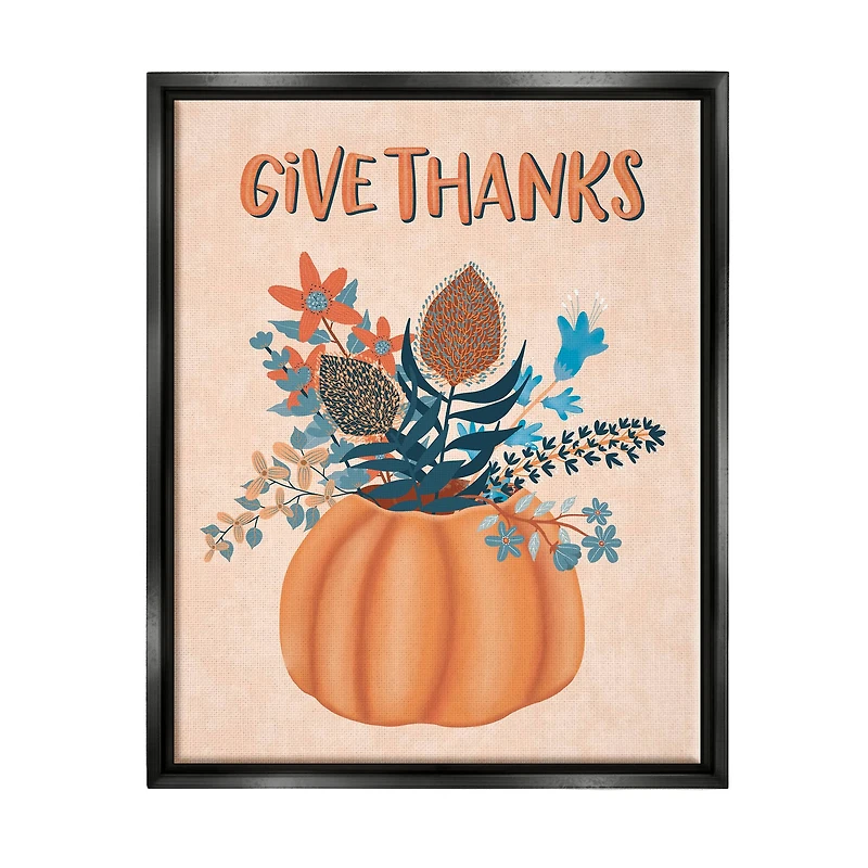 Stupell Industries Give Thanks Fall Botanical Blooms Framed Floater Canvas Wall Art