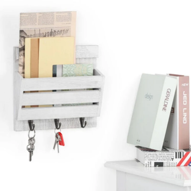 NEX™ 10" Rustic White Gray Wood Wall-Mounted Mail & Key Holder Organizer with 3 Key Hooks