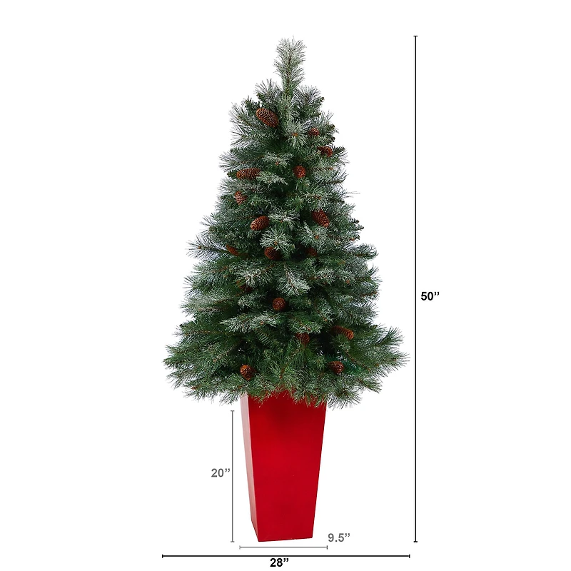 55" Unlit Snowed French Alps Mountain Pine Artificial Christmas Tree In Red Tower Planter