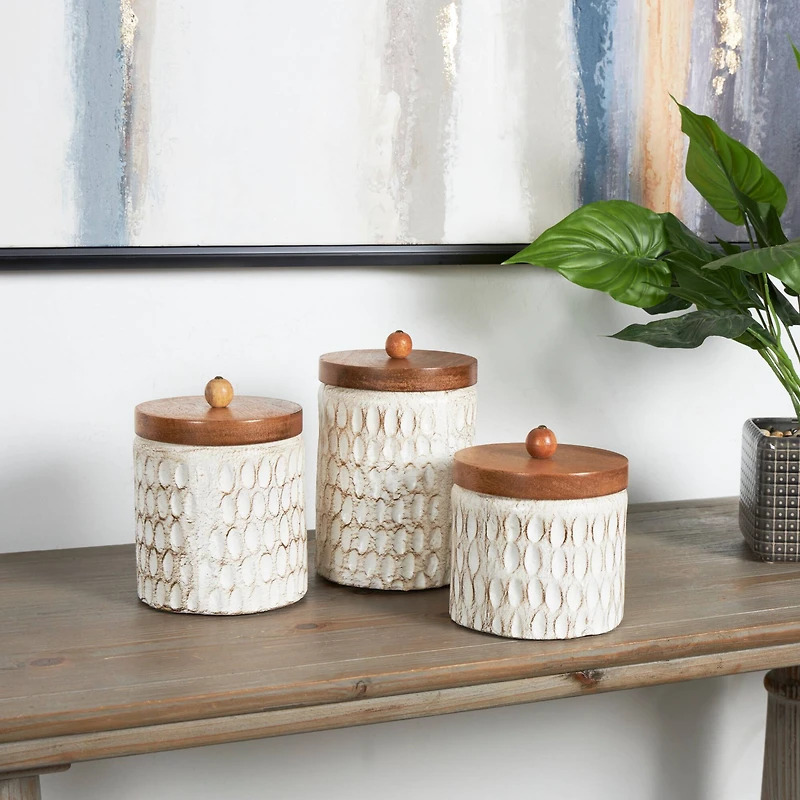 Cream Paper Mache Handmade Carved Spotted Geometric Canisters with Removable Lids Set
