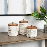 Cream Paper Mache Handmade Carved Spotted Geometric Canisters with Removable Lids Set