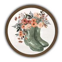 Green Floral Rainboots Round Brown Framed Print