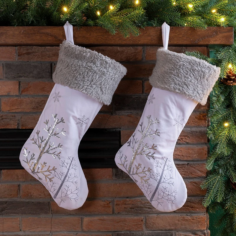 Glitzhome® 21" White Fleece Stocking with Christmas Tree & Snowflake, 2ct.