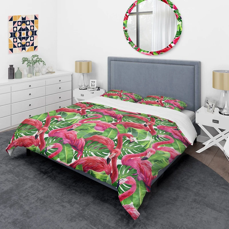 Designart 'Retro Tropical Pink Flamingo' Mid-Century Duvet Cover Set