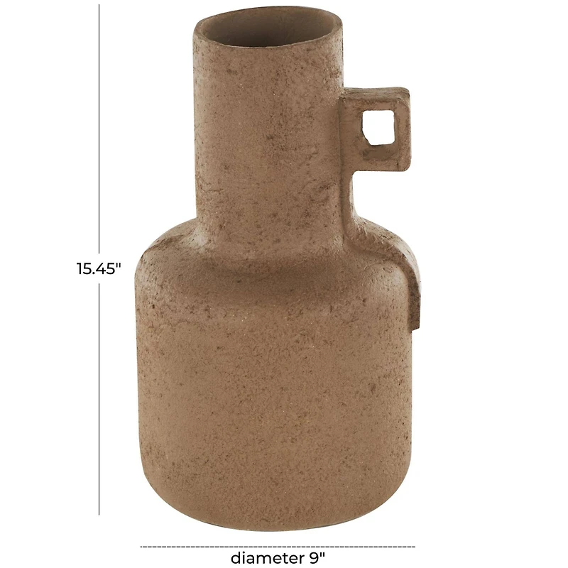 15.5" Brown Paper Mache Abstract Distressed Textured Vase with Geometric Handle