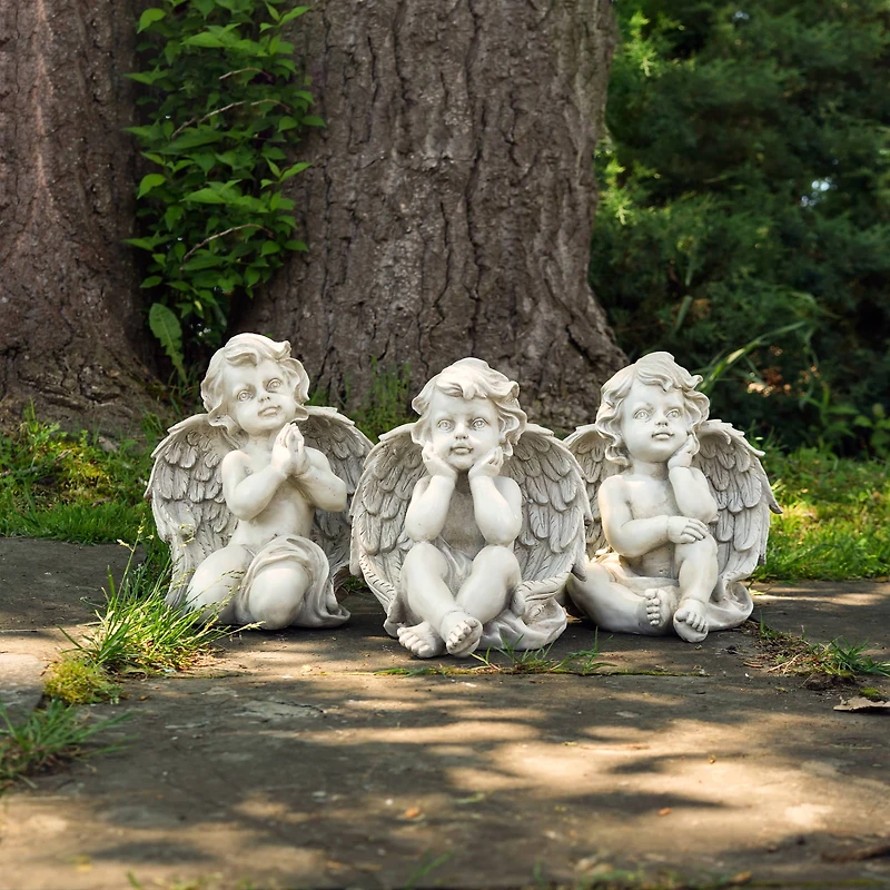 Gray Sitting Cherub Angel Outdoor Garden Statue Set