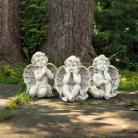 Gray Sitting Cherub Angel Outdoor Garden Statue Set