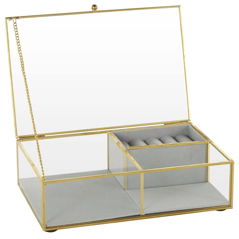 9" x 6" x 3" Clear & Gold Glass & Metal Jewelry Box with Chain Accent & Fabric Ring Slots