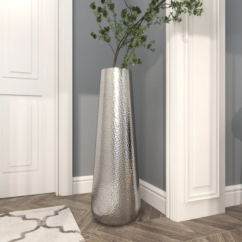 31" Silver Aluminum Tall Hammered Vase