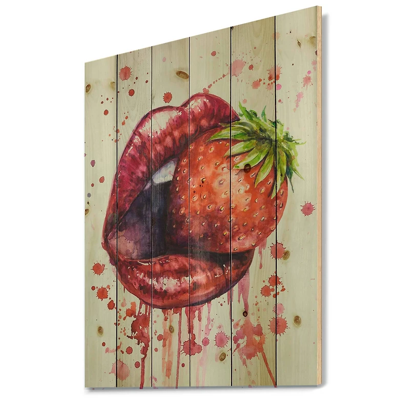 Designart - Red Woman Lips Eating A Strawberry