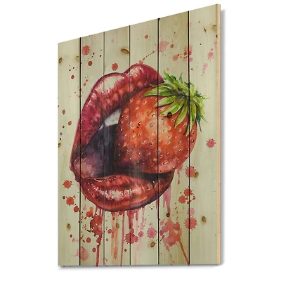 Designart - Red Woman Lips Eating A Strawberry