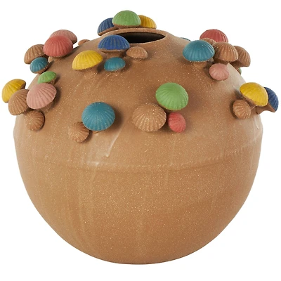 13" Brown Ceramic Round Wide Decorative Vase with Multicolor Mushroom Accents