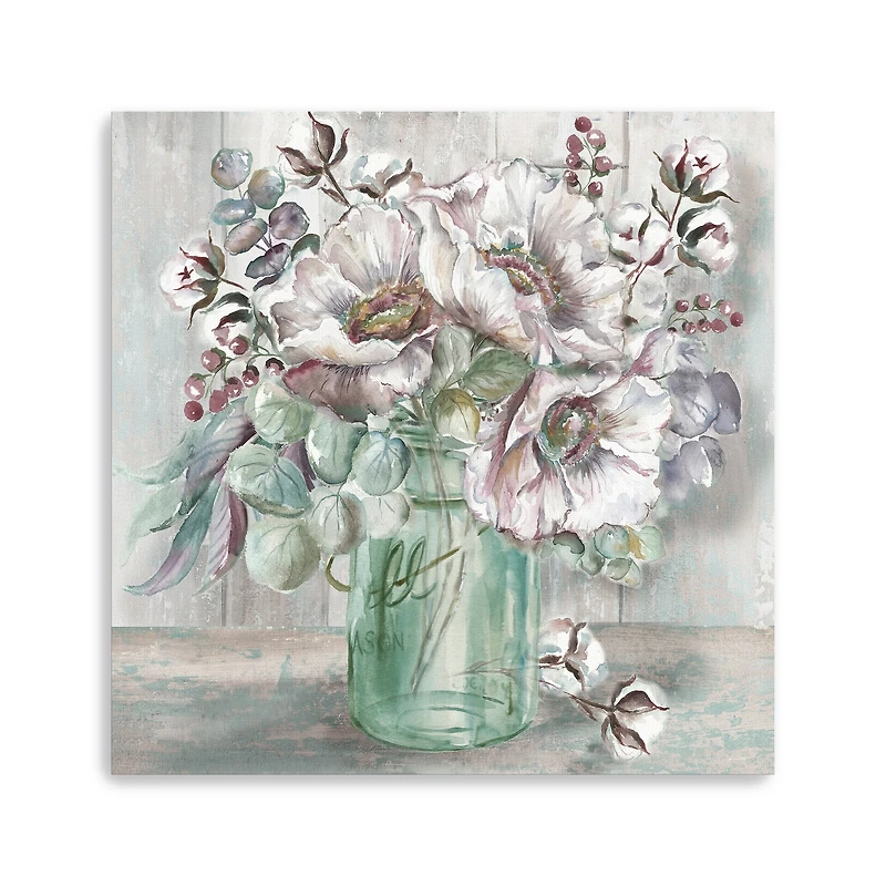 Blush Poppies And Eucalyptus In Mason Jar Canvas Giclee