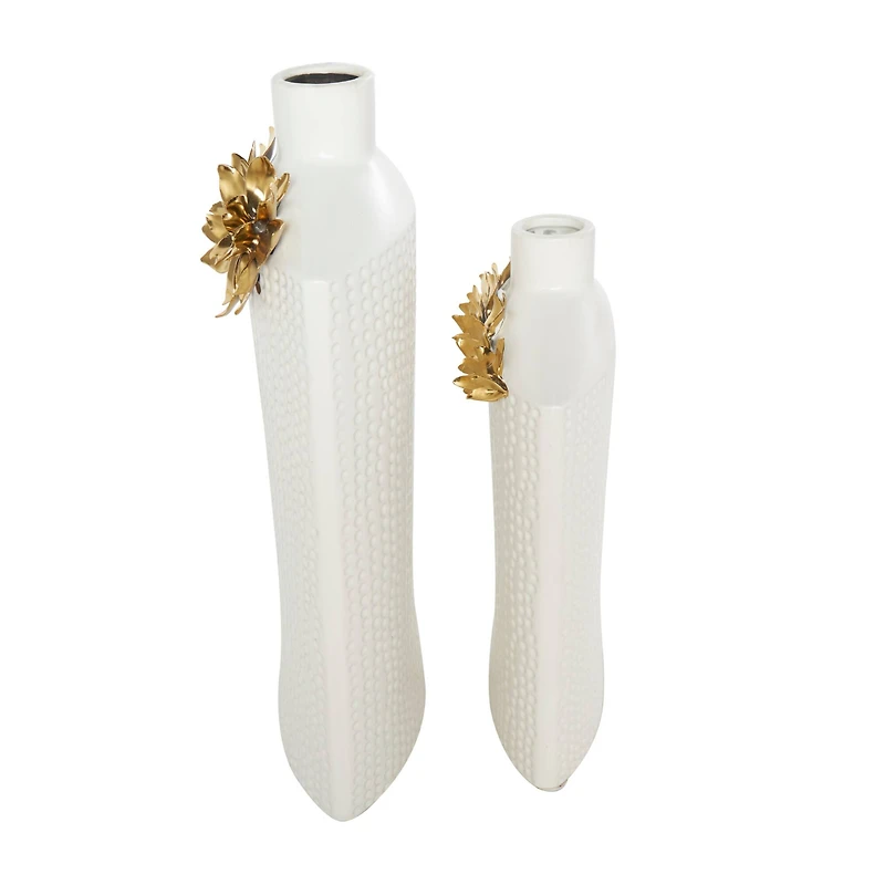 White & Gold Leaf Accent Ceramic Vase Set