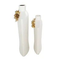 White & Gold Leaf Accent Ceramic Vase Set