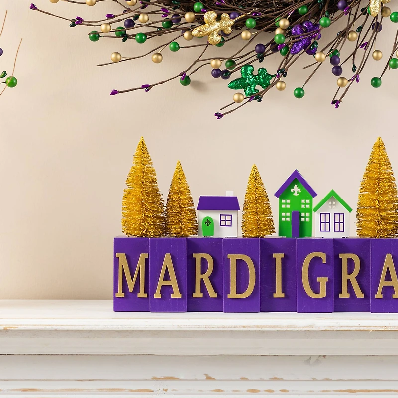 Glitzhome® 14" Mardi Gras Wooden House and Brush Trees Table Decor
