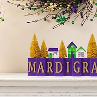 Glitzhome® 14" Mardi Gras Wooden House and Brush Trees Table Decor