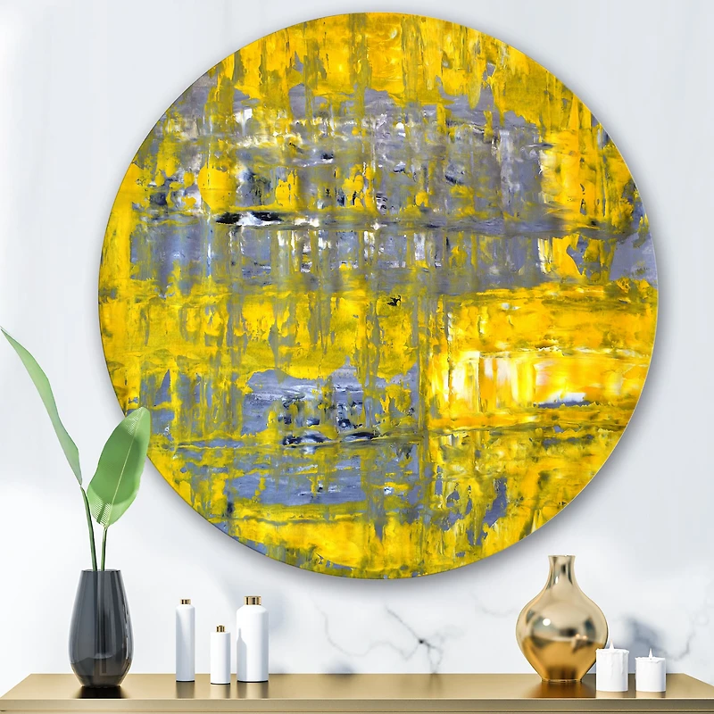 Designart - Yellow Meets Grey Abstract Art I - Modern Metal Circle Wall Art