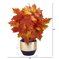 18" Autumn Maple Leaf Plant in Decorative Blue & Gold Planter