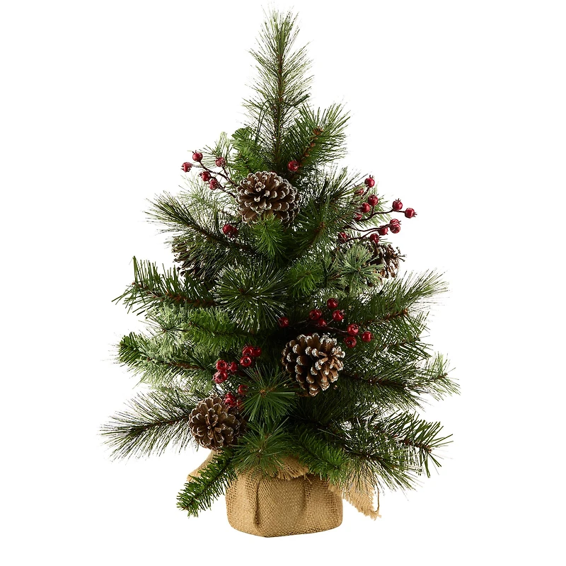 2ft. Pre-Lit Iced Berry Pine Burlap Artificial Tree in Burlap Sack, Warm White LED Lights