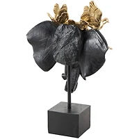 21" Black & Gold Polystone Elephant Head with Birds Statue