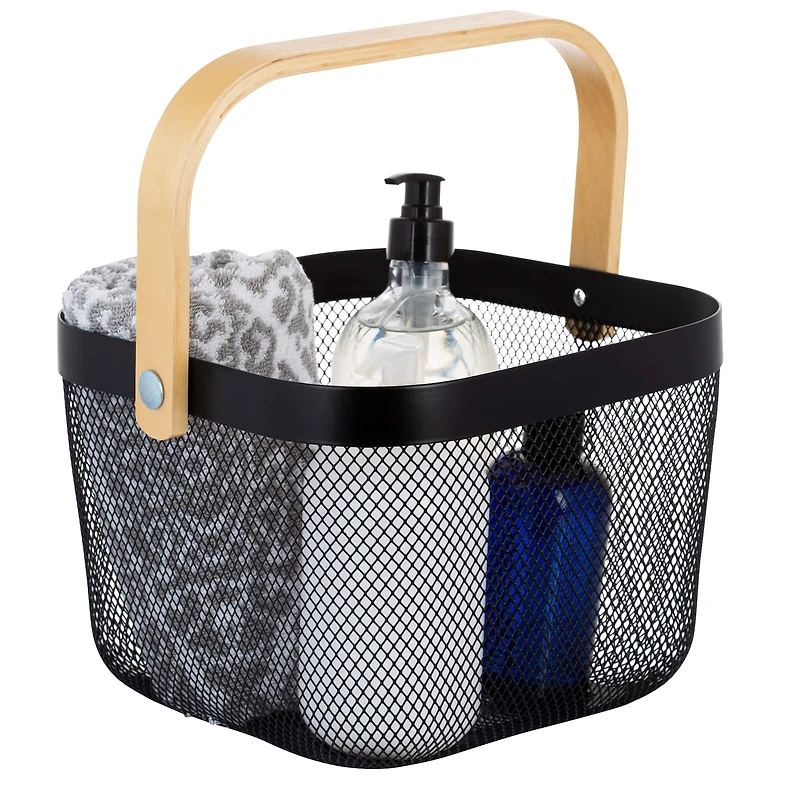 Simplify Black Mesh Tote with Bamboo Handle