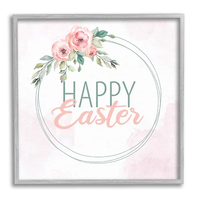 Stupell Industries Happy Easter Round Floral Border Pastel Pink Design Framed Giclee Art