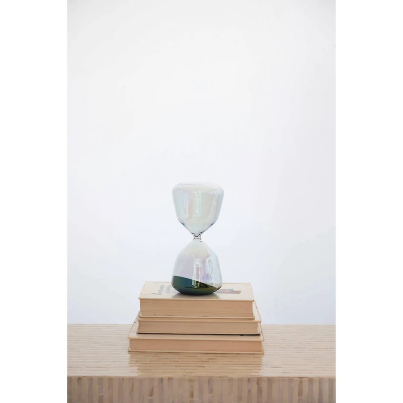 Hello Honey® 8.5" Iridescent Finish Glass Hourglass with Black Sand