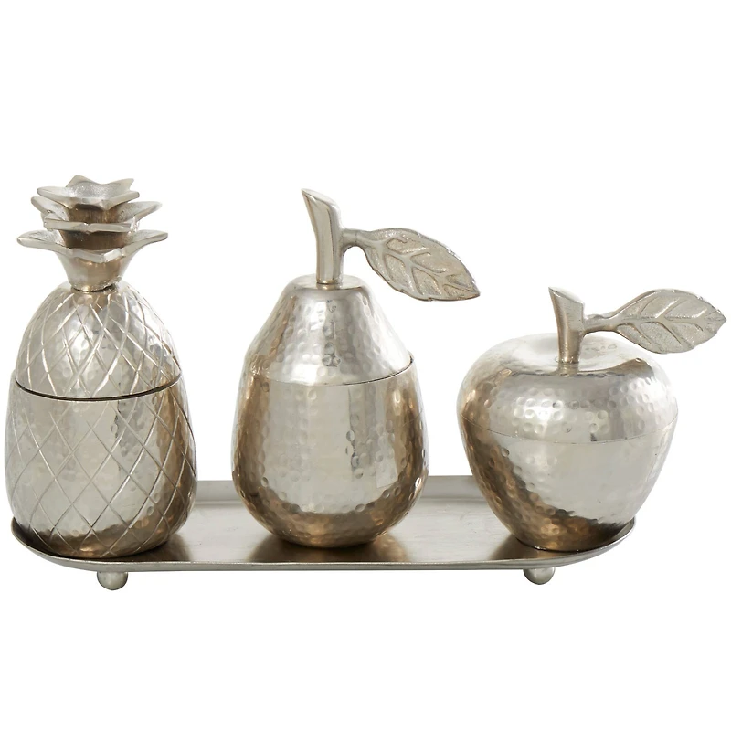 Silver Fruit Decorative Jars with Matching Leaf Tray Set