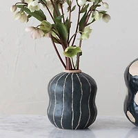 Hello Honey® 6" Black & Cream Stoneware Vase with Wax Relief Stripes