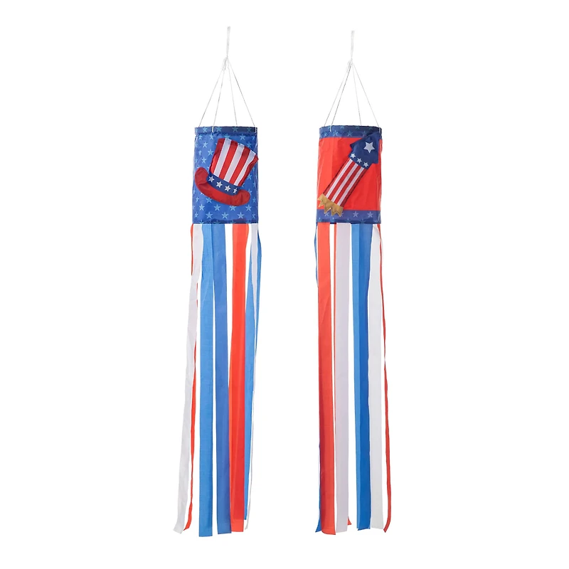 Glitzhome® 44" Patriotic Americana Uncle Sam Hat & Fireworks Windsocks Set