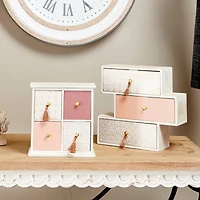 Light Brown Linen & Wood Eclectic 4-Drawer Jewelry Box