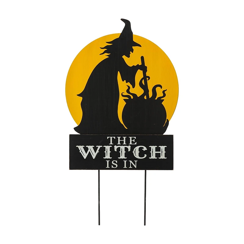 Glitzhome® 30" Black & Orange The Witch Is In Halloween Yard Stake